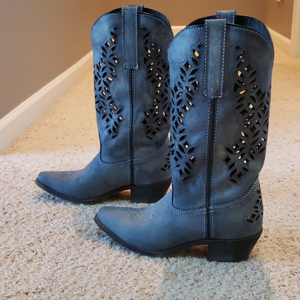 Blue leather cowgirl boots